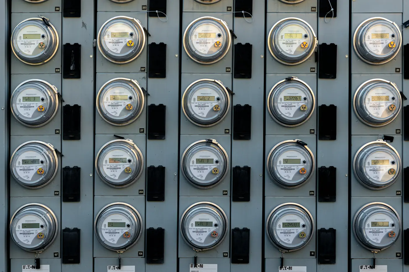 Wall of electric utility meters on a commercial building